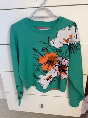 Maeve Teal Green Floral Crewneck Sweater with White, Orange, Pink Accents